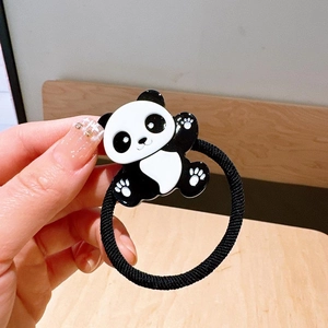 Close-up of cute 3D cartoon panda hair tie with high elastic black rubber band