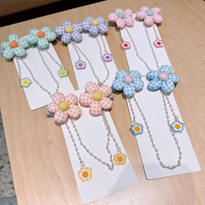 Haarklammern aus Stoff mit Blumendesign, Perlenquasten und Karomuster für Mädchen