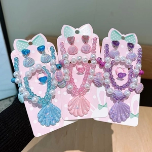 Ocean theme kids pearl jewelry set with shell pendant necklace and heart ring