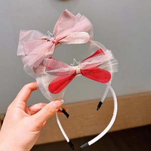 Kids Girls Princess Lace Bow Headband With Rhinestone Crown Fashion Korean Style Non-Slip Fabric Plastic Hairband For Party