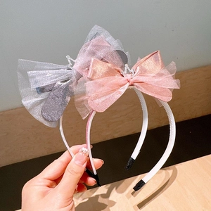 Lace crown headbands for girls with mesh bows and rhinestones in silver and pink
