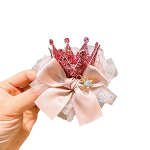 Pince à cheveux couronne rose pour filles avec dentelle, tulle et strass bleu