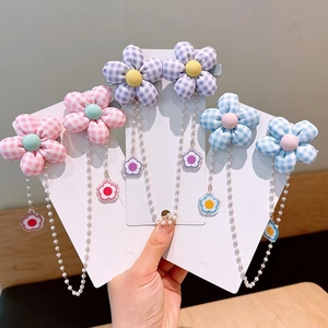 Kinder Gingham Stoff Blume Haarspangen Mit Kunstperlen Quaste Lange Kette Für Kleine Mädchen Süße 3D Florale Haarnadeln Haarschmuck Geschenk