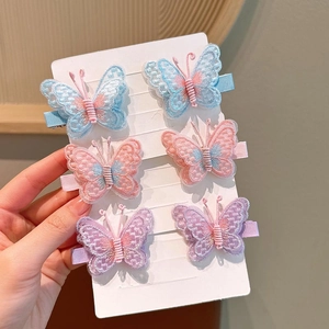 6pcs set of sweet embroidered butterfly hair clips with lace fabric for young girls
