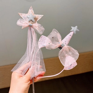 Princess unicorn party hair hoop and star magic wand set with pink sequins and mesh