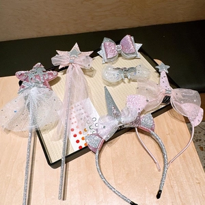 Pink and silver unicorn headband set with star magic wands for girl princess party