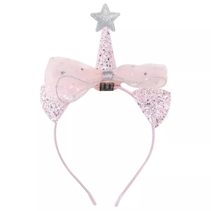 Pink unicorn party headband for girls with sequined star, cone hat and large mesh bow