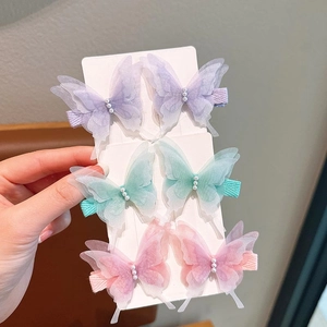Set of 6 butterfly hair clips with organza wings and pearls in sweet pastel colors