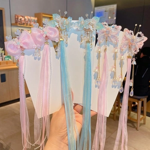 Traditional Chinese girl hair clips with pink butterfly ribbon tassels for Hanfu style