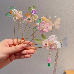 Chinese Style Kids Flower Butterfly Hairpin Tassel Step Shake Hair Fork Alloy Acrylic Artificial Pearl Costume Headwear Girls