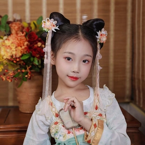 Detail of silk flower hair clips with long tassels and pearls for Hanfu costumes
