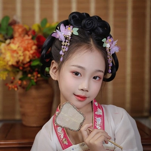 Barrettes Hanfu pour filles avec ailes de papillon mauves et longs glands dorés