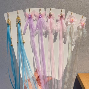 Ancient Style Hanfu Hair Accessory For Girls Long Ribbon Tassel Hair Clip With Butterfly Artificial Pearl Mesh Flower