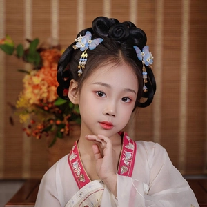 Détails des épingles à cheveux papillon bleu avec glands et perles sur un Hanfu