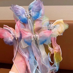 Pince à Cheveux Papillon Ruban Long Dégradé Style Fée Épingle à Cheveux Avec Künstliche Perle Douce Princesse Accessoires de Cheveux Fille
