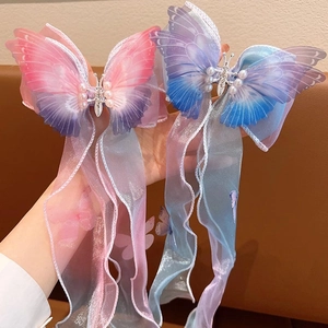 Barrette à cheveux long ruban arc-en-ciel en organza avec papillon et perles