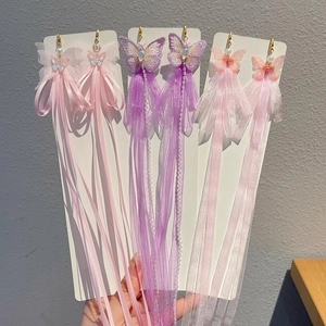 Exquisite butterfly hair clips with long tassels and silk ribbons for girls' Hanfu costume