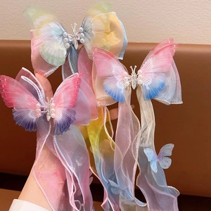 Lot de 3 barrettes à cheveux avec longs rubans en tulle dégradé et perles pour filles