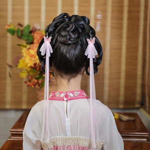 Traditional Chinese girl hair clips with pink ribbons, butterflies and pearls decoration