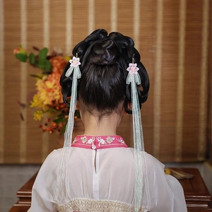 Girl's Hanfu hair accessory with pink silk flowers and long light green tassels ribbons