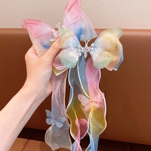 Nœud papillon en tulle dégradé pastel avec longs rubans et perles pour filles