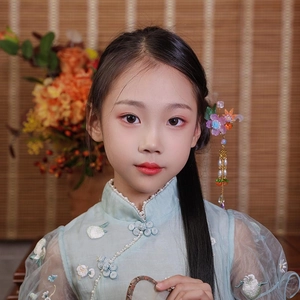 Traditional Chinese floral hair stick with tassels and embroidered hanfu dress for girls