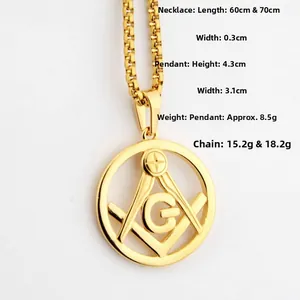 Macro view of gold Freemasonry pendant with G symbol and square compass on stainless chain