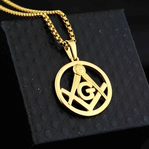 Golden Masonic compass pendant necklace with box chain for men on black display background