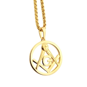 Gold Freemasonry compass and square pendant necklace with G symbol on square link chain