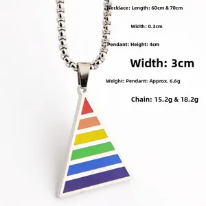 Detailed view of rainbow triangle pendant with size specs on stainless steel chain