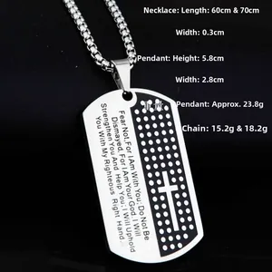 Detailed view of silver stainless steel cross military dog tag pendant on a box chain