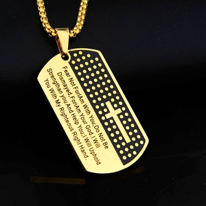 Hip hop stainless steel dog tag necklace with cross icon and engraved bible verse