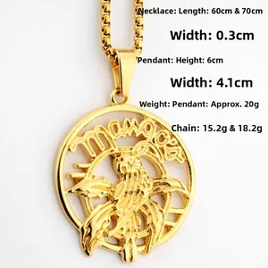 Detailed dimensions of gold eagle pendant and box chain necklace with size markers