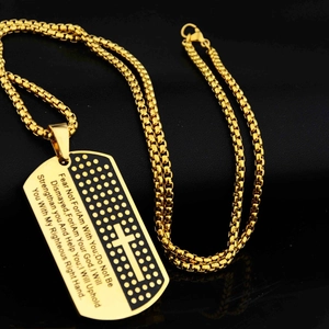Golden stainless steel dog tag necklace with cross and religious scripture on box chain