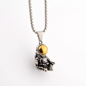 Hip hop astronaut pendant necklace in vintage silver with gold visor detail for men and women