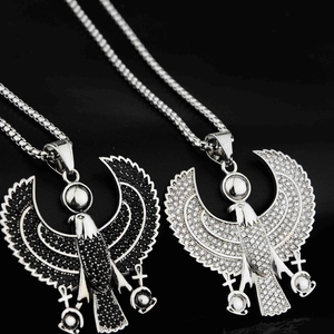 Collier Pendentif Aigle d'Horus Hip Hop Acier Titane Strass Incrusté Croix d'Ankh Égyptienne Antique Bijoux pour Hommes Femmes