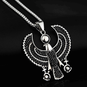 Collier avec pendentif aigle Horus hip hop en acier inoxydable argenté et strass noirs