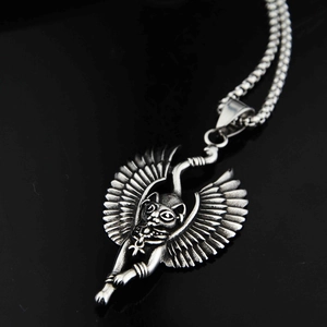 Halskette mit ägyptischem Bastet Katzen-Anhänger, Flügeln und Ankh aus Edelstahl