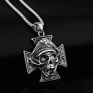 Collier Pendentif Croix Crâne en Acier Inoxydable Gothique Punk Pirate Hip Hop Strass Bijoux Vintage pour Hommes Femmes