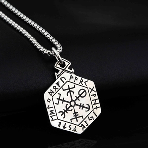 Silver Viking Vegvisir necklace with hex pendant and runes on box chain for men and women