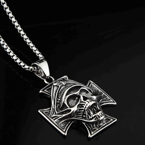 Collier avec pendentif croix crâne pirate hip hop en acier inoxydable vintage avec chaîne