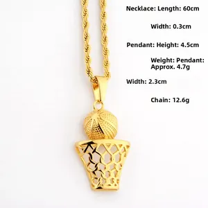 Detailed specs for gold basketball hoop pendant necklace with 60cm rope chain