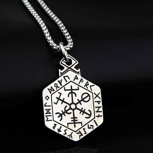 Viking Vegvisir compass pendant necklace in vintage silver steel on dark leather background