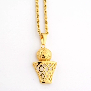 Macro detail of golden basketball hoop pendant with textured ball and rope chain link