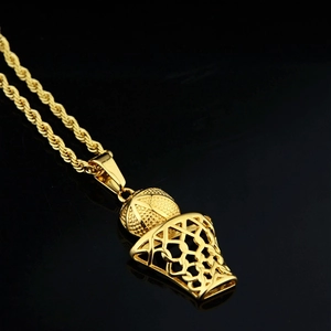 Stainless Steel Basketball Hoop Pendant Necklace For Men Women Gold Hip Hop Sports Jewelry Personalized Basketball Pendant Rope Chain