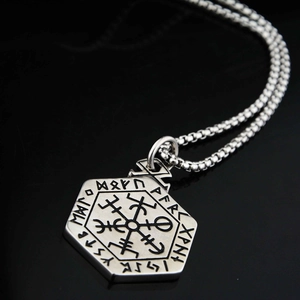 Viking Vegvisir compass pendant necklace in stainless steel with a black box chain link