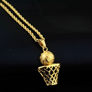 Hip hop basketball hoop pendant necklace in gold finish with elegant rope chain