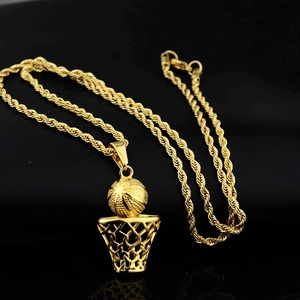 Hip hop basketball hoop pendant necklace with gold plated twist chain for men and women