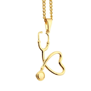 Pendentif stéthoscope cœur en or poli sur une chaîne cubaine pour hommes et femmes