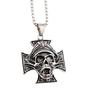 Collier avec pendentif crâne de pirate et croix de fer en acier titane poli